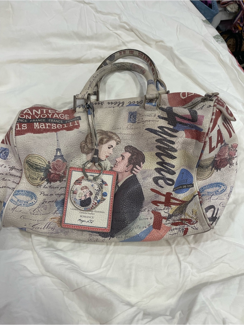 Morgan de Toi Cream Paris Romance Satchel with Red and Blue Accents RARE!